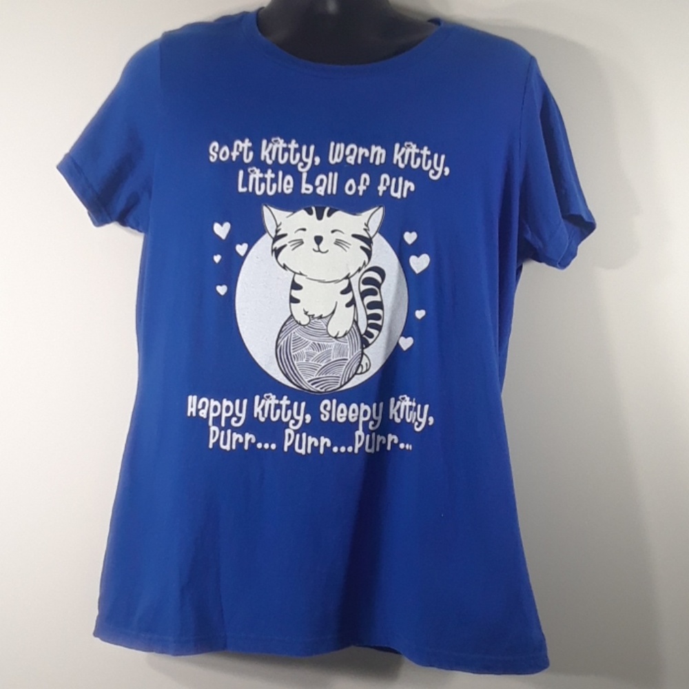 "Soft kitty, Warm kitty" song on royal blue T